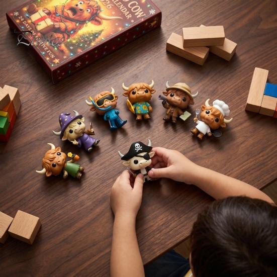 Countdown to Christmas 24 Days 3D Highland Cow Advent Calendar 2026, Festive Gift Box with Cute Farm Cattle Mini Figurines for Holiday Desk Ornaments