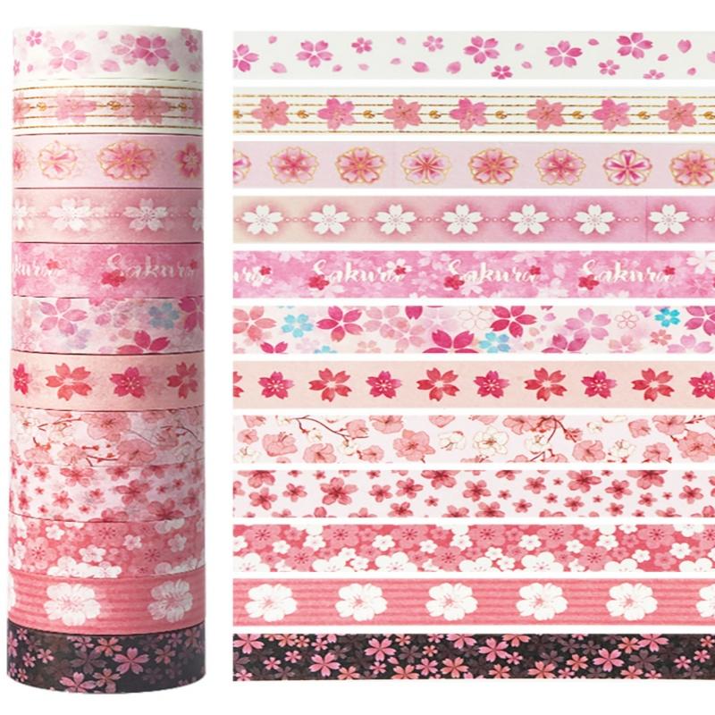 12 Rollen Kirschblüten Washi Tapes Frühling Romantisch Sakura Blütenblätter Dekoratives Masking Tape Floral Bastel Dekoration Aufkleber A3329