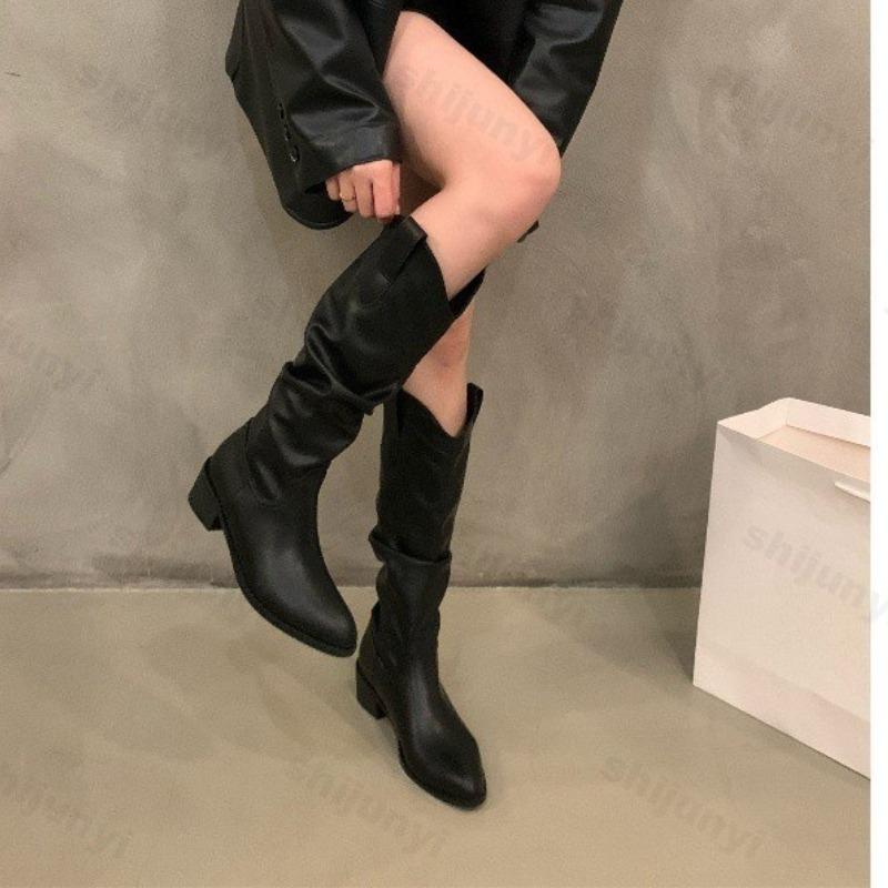 Fashion Hot Selling Women Boots Vintage Chunky Heel Cowboy Boots 2025 Autumn Faux Suede Long Boots Woman Pointy Knee-high Botas Mujer
