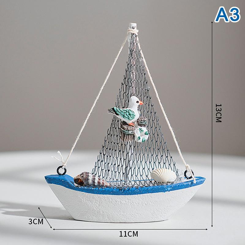 Mini Mediterranean Style Marine Nautical Wooden Blue Sailing Boat Ship Wood Crafts Sea Ornaments Party Room Home Decoration