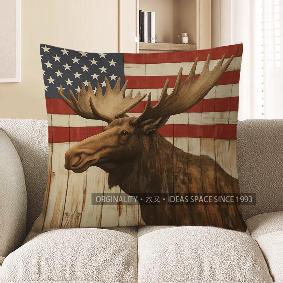Home Decor American Flag Moose Pattern Throw Pillow Pattern Cushion Cover Suitable for Sofa Bedroom Car Pillow Cover