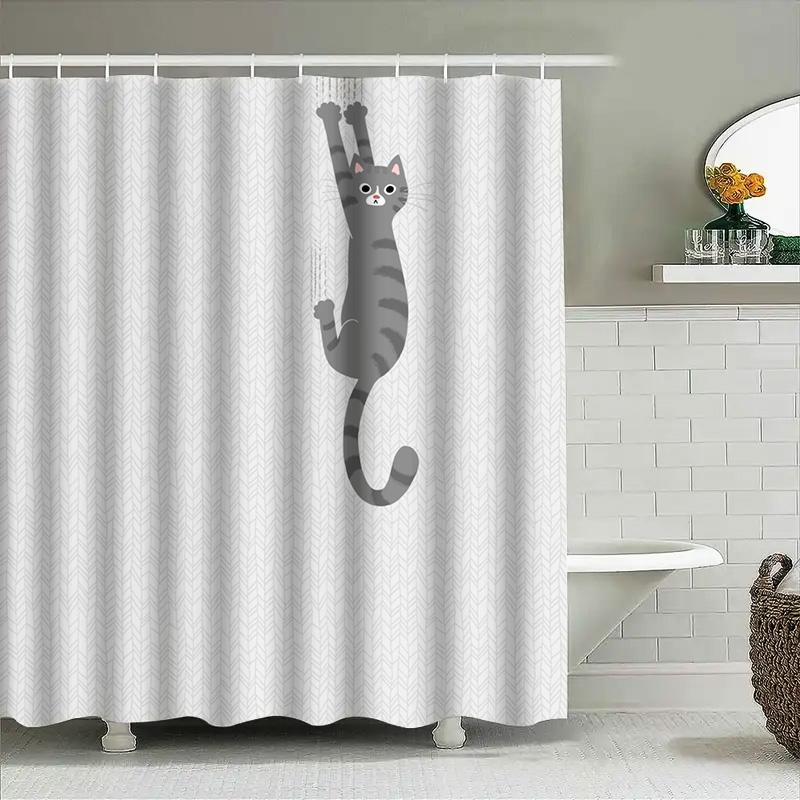 Cat-Themed Shower Curtain With Gray Stripes And Hanging Pattern Decorative Bathroom Accessory For Kids Or Adults Add A Touch Of