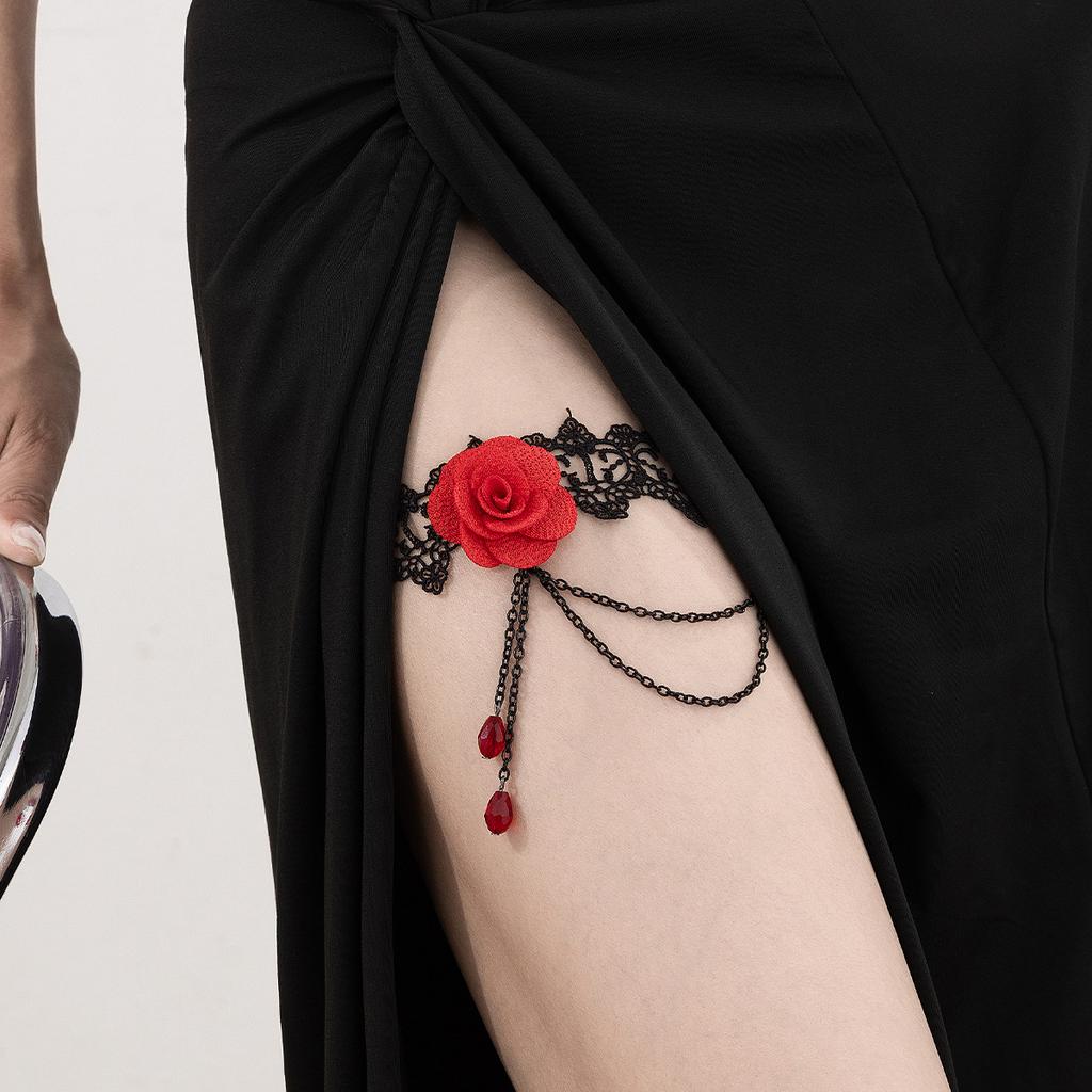 Chaîne de cuisse Gothique Dentelle Rose Cristal Pompon Sexy Club de Nuit Fête Porte-jarretelles de Jambe Cheville Bijoux Pour Femmes