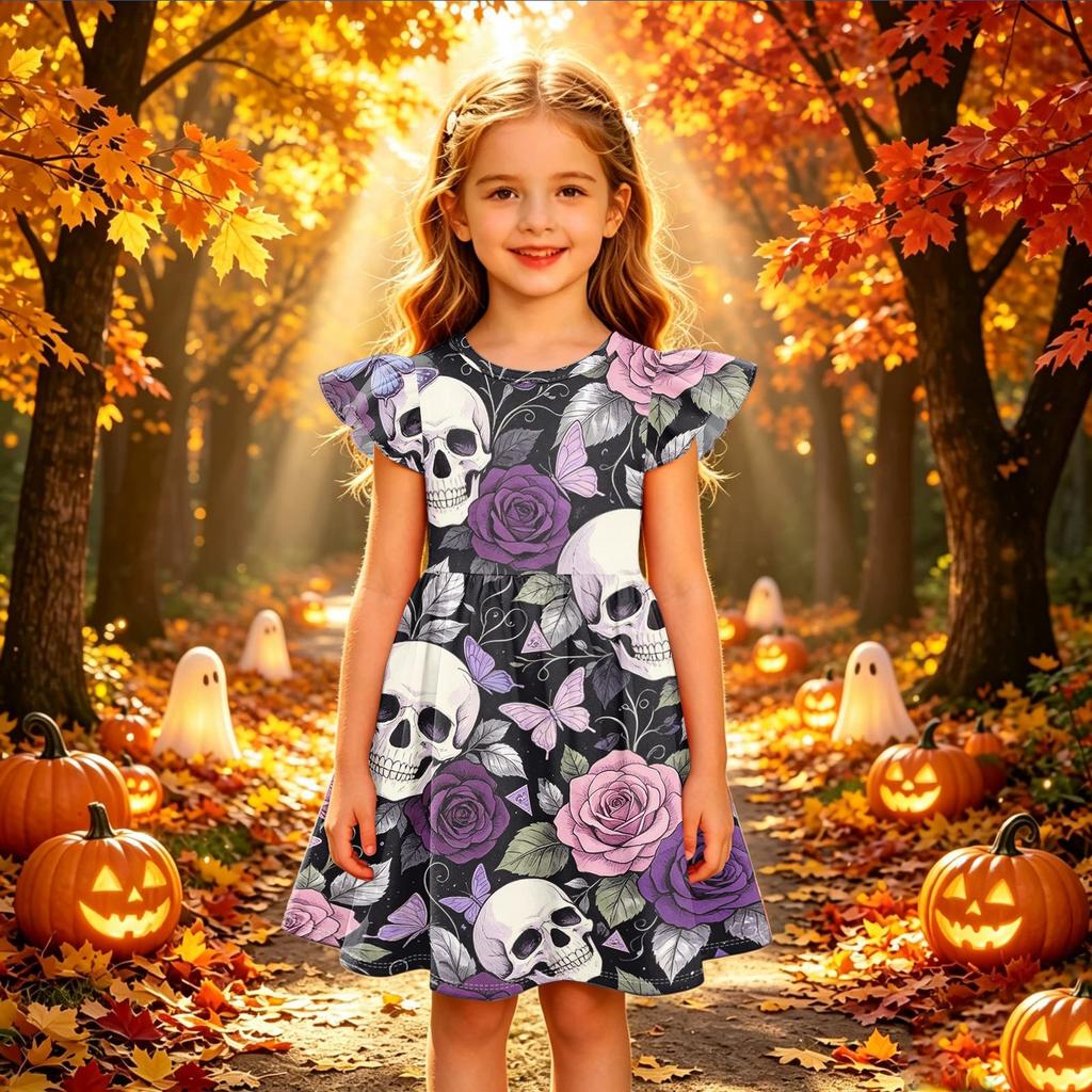 Girls Halloween Print Dress Casual Sleeve Party Dress for Children Holiday Outfit