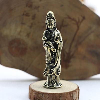 Solid Brass Guanyin Buddha Statue: Portable Ornament for Car, Desk, or Home Decor.