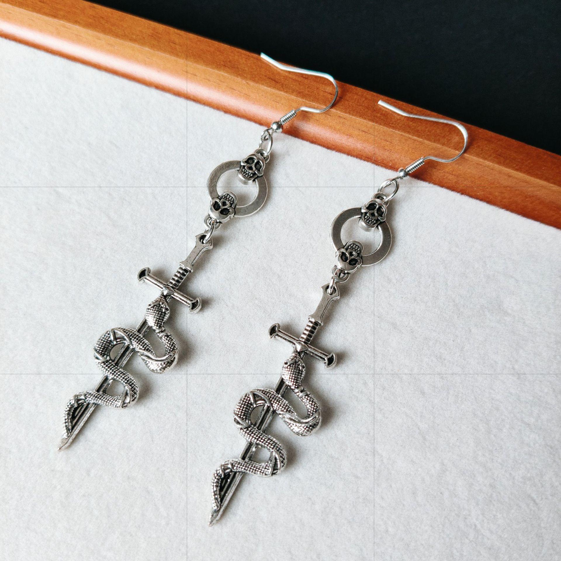 European & American Gothic Skull Snake Sword Long Earrings - Retro Punk Style