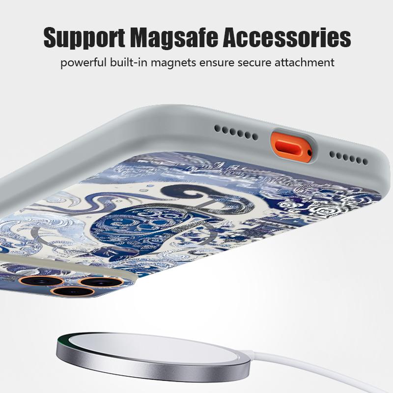 Blue Ink Cat Magnetic Phone Case For iPhone 17 Pro Max 16 15 14 13 Pro Max For Magsafe Wireless Charge Matte Hard PC Back Cover