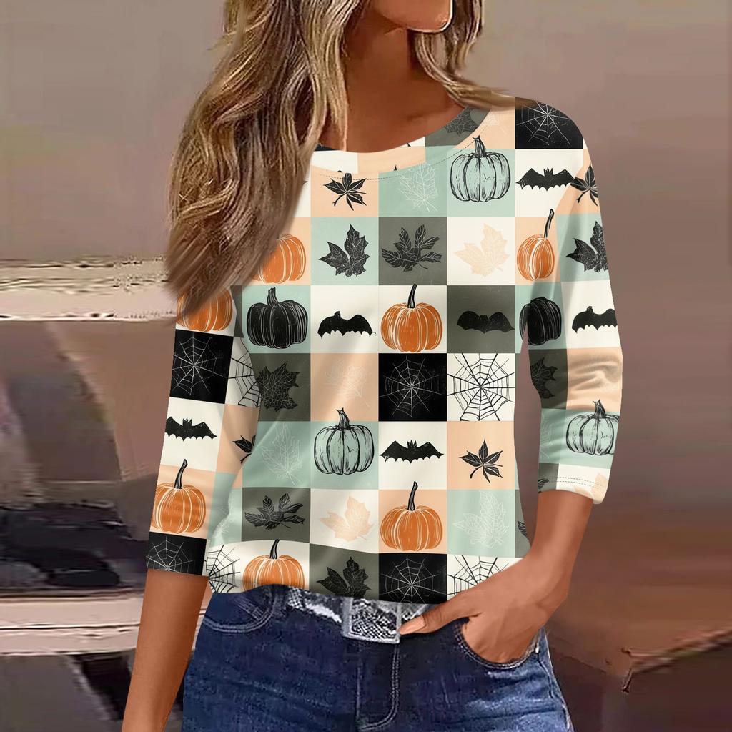 Women's 3/4 Sleeve Loose Fit Casual Shirt Round Neck Halloween Print Top Comfortable Lightweight Fabric Suitable for Everyday Wear