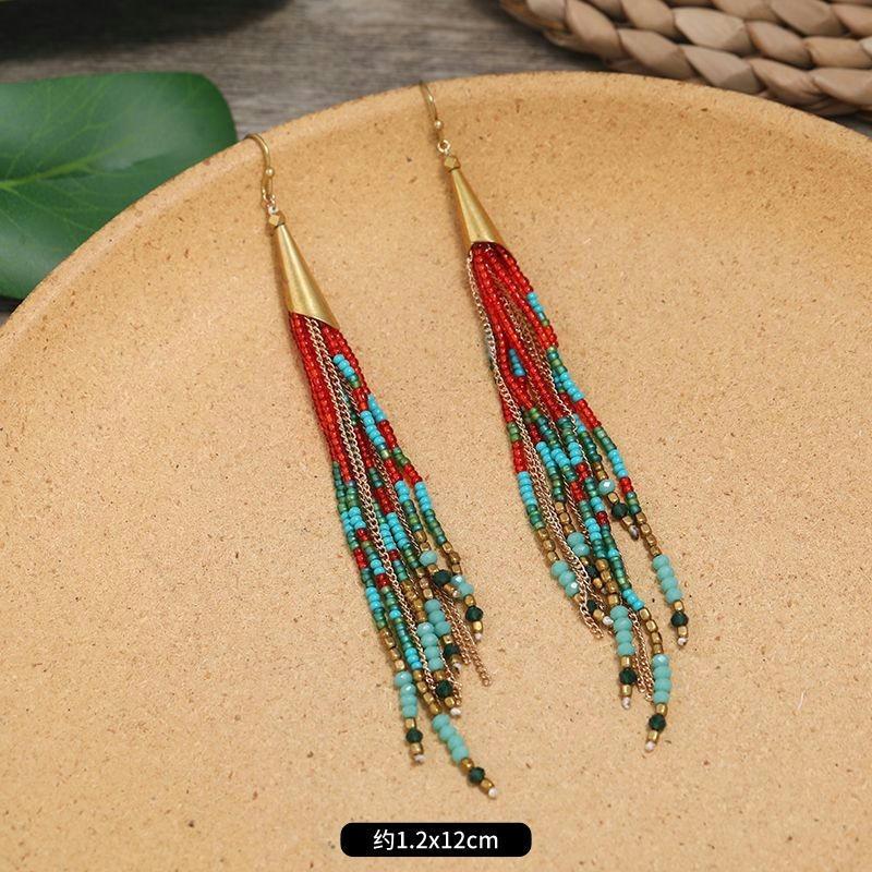 Hand-woven Bohemian Earrings Retro Personality Vacation Long Fringed Temperament Earrings Women