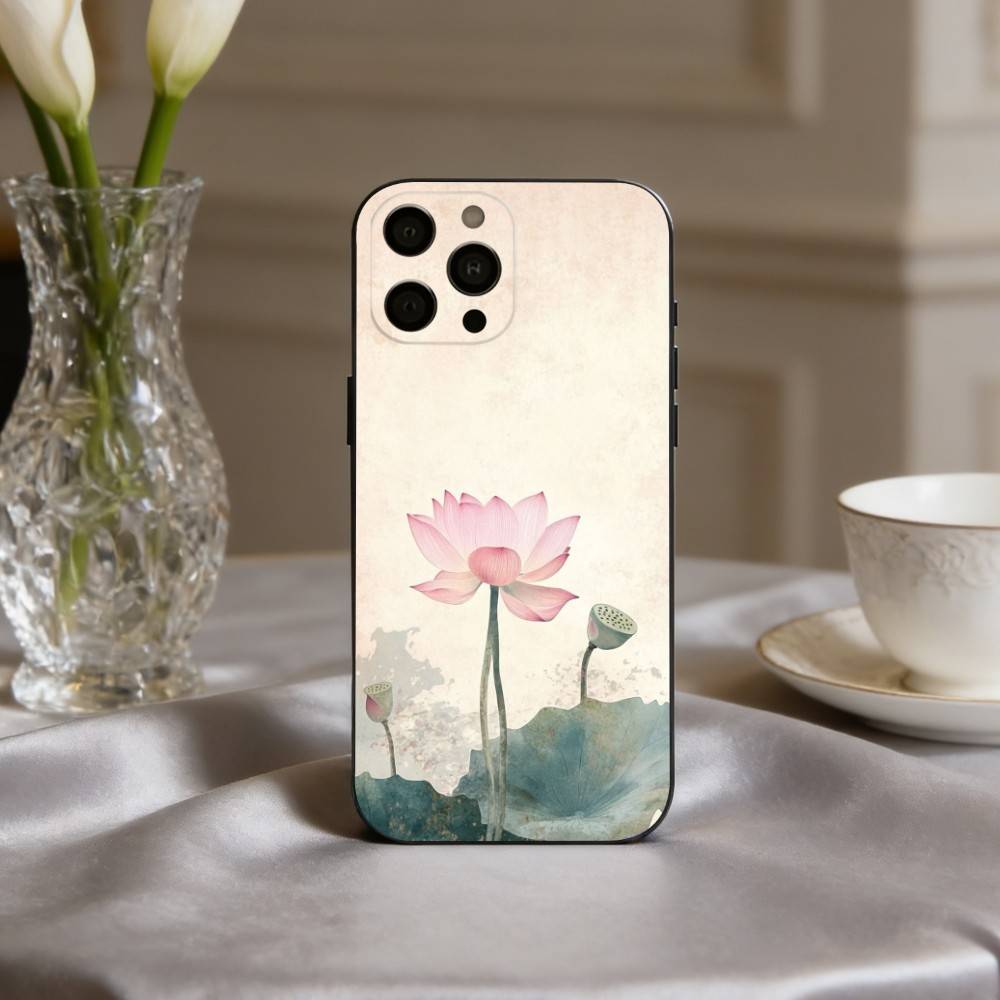 

E-Emerald W-White Lotus Phone Case For iPhone 17,16,15,14,13,12,11 Plus,Pro Max,XS,Soft Silicone Black Cover iPhone13