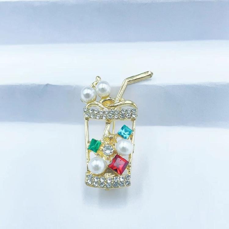 Creative Zircon Rhinestones Juice Beverage Cup Pin Brooch For Women Girls Trendy Clothing Casual Banquet Accessories