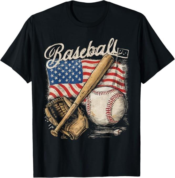 American Flag Baseball Player Bat Fan Catcher Pitch T-Shirt Made in the US S