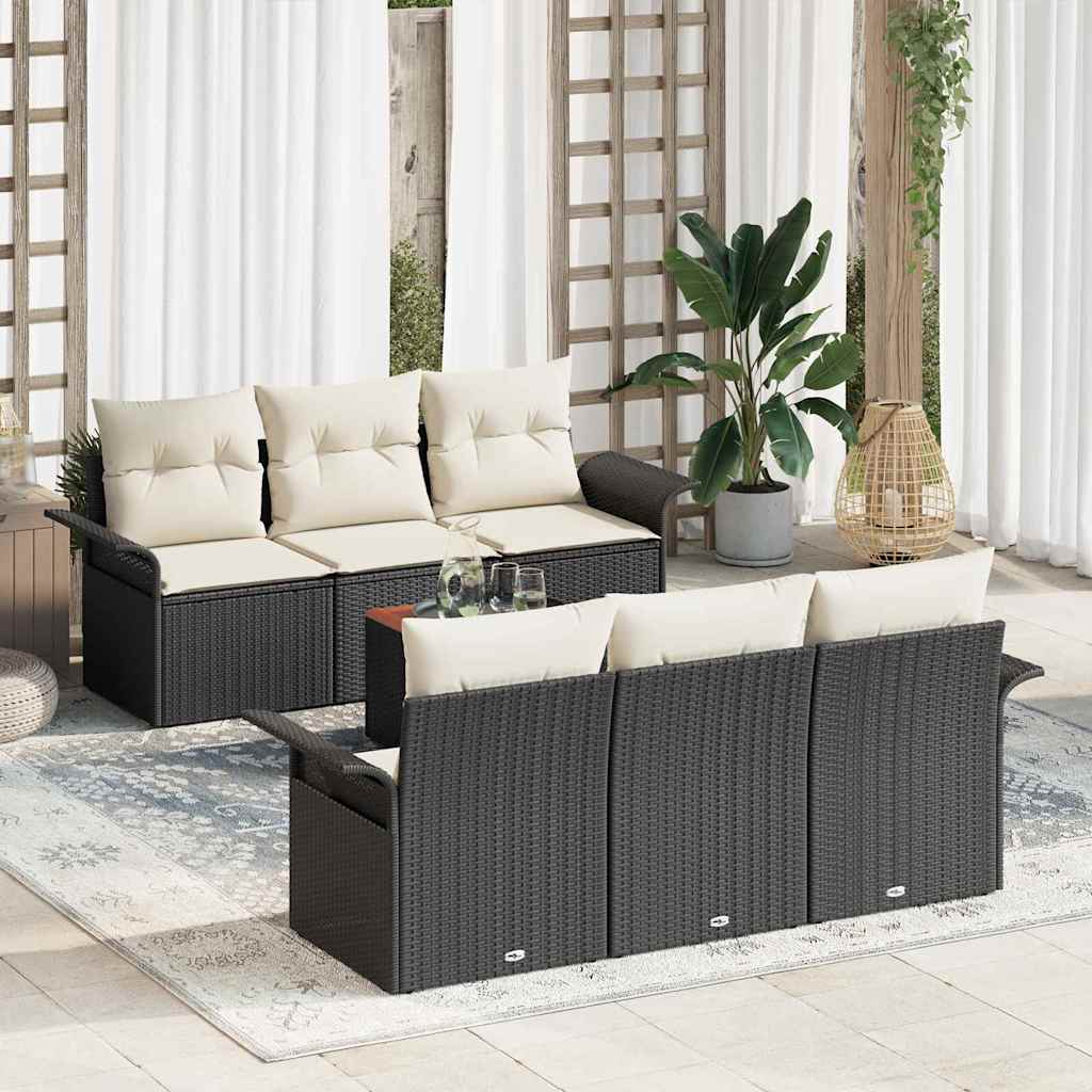 7 Piece Garden Sofa Set with Cushions Black Poly Rattan