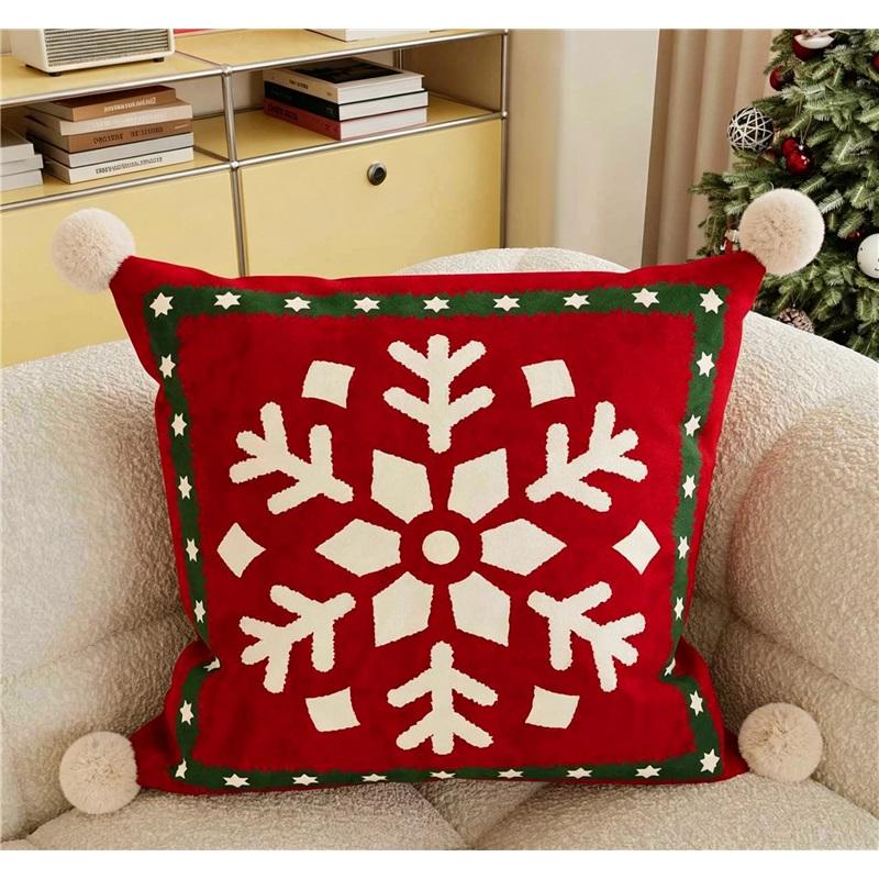 Festive Christmas Decorative Throw Pillow Pom‑pom Design Square Cushion Xmas Home Ornament For Sofa Couch Bedroom Living Room