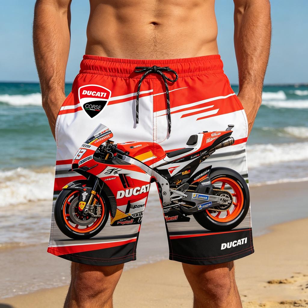 Ducati Pánské rychleschnoucí plavky Racing 3D Print, Plážové boardshorty se stahovací šňůrkou v pase pro letní sporty a volný čas