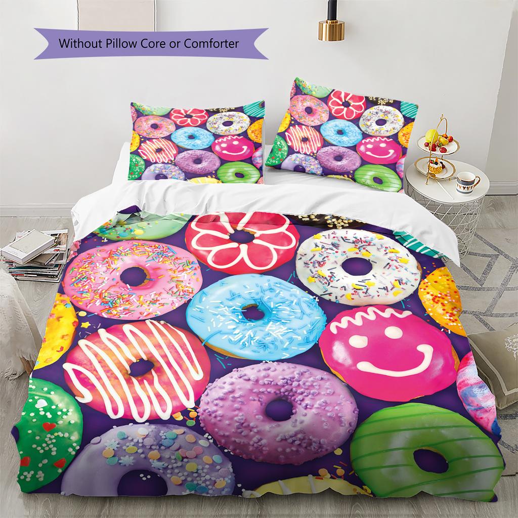 Pościel z wzorem kreskówkowych pączków Zestaw kołdry Poszewka na kołdrę Poszewka na poduszkę Dekoracja domu Prezent (1 * poszwa na kołdrę + 2 * poszewki na poduszki, bez rdzenia)