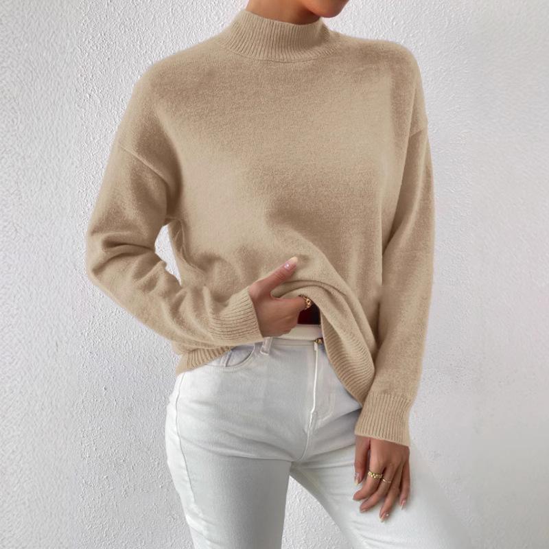 Women's Light Beige Ribbed High Neck Long Sleeve Knit Sweater