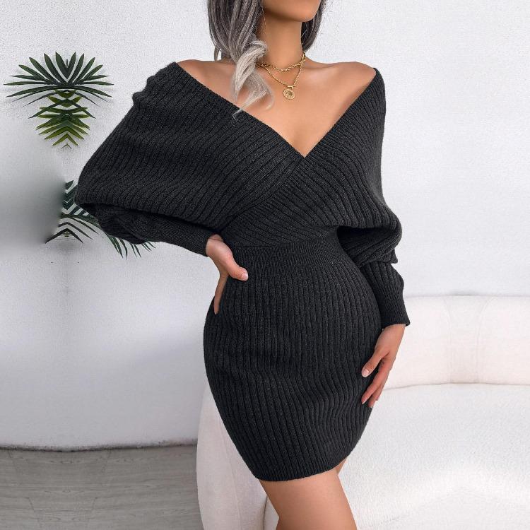 Woolen Wrap Dress Sexy Cross V Neck Batwing Sleeve Solid Color Winter Autumn Hip