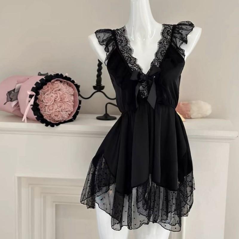 Pure Desire Style Satin Slip Nightdress Sexy Backless Lace Bow Polka Dot Lingerie Women