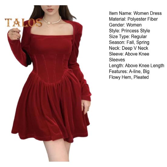 Women Dress Square Neck Pleated A-line Long Sleeves Pleated Slim Waist Velvet Mini Dress Prom Banquet Party Short Dress Fall Spring Princess Dress
