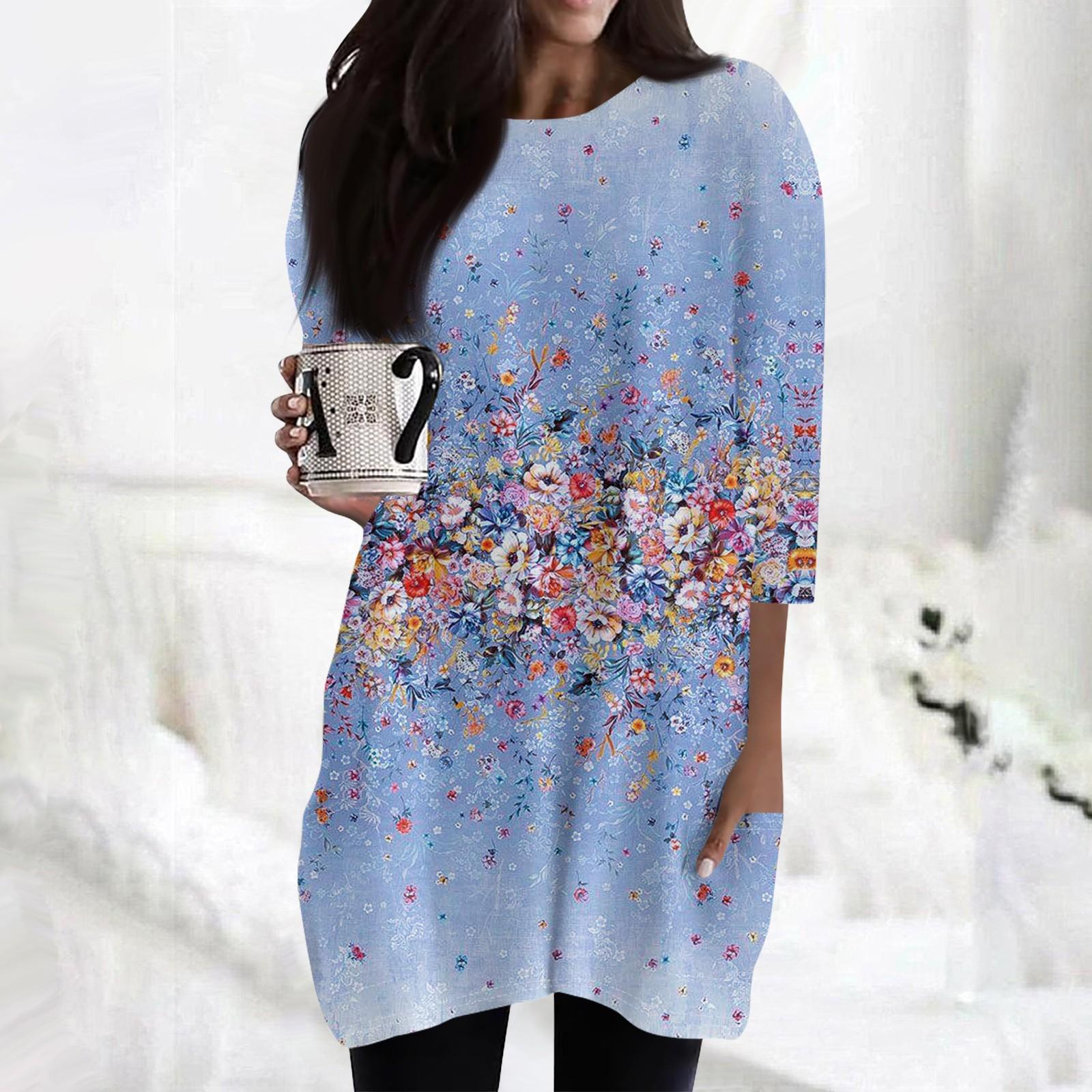 

Женские повседневные рубашки с рукавами 3/4, модные туники с принтом, топы с карманами L синий