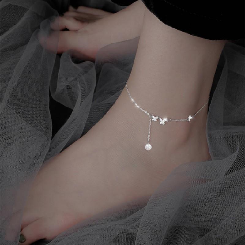 Sterling Butterfly Foot Chain With Zircon Crystals Tassel Boho Chic Womens Anklet Jewelry
