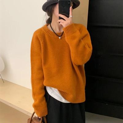 Autumn and Winter New Retro Soft Waxy Candy Color Crew Neck Pullover Sweater Women's Loose Lazy Knitted Sweater Top Thick