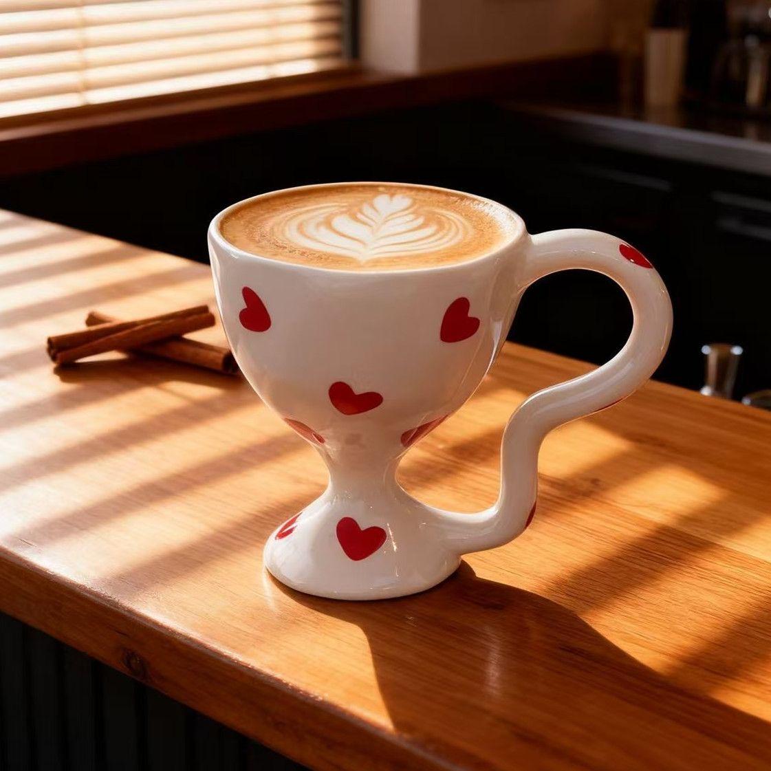 Hand-Painted Heart Ceramic Coffee Mug, Dessert Goblet & Latte Cup A