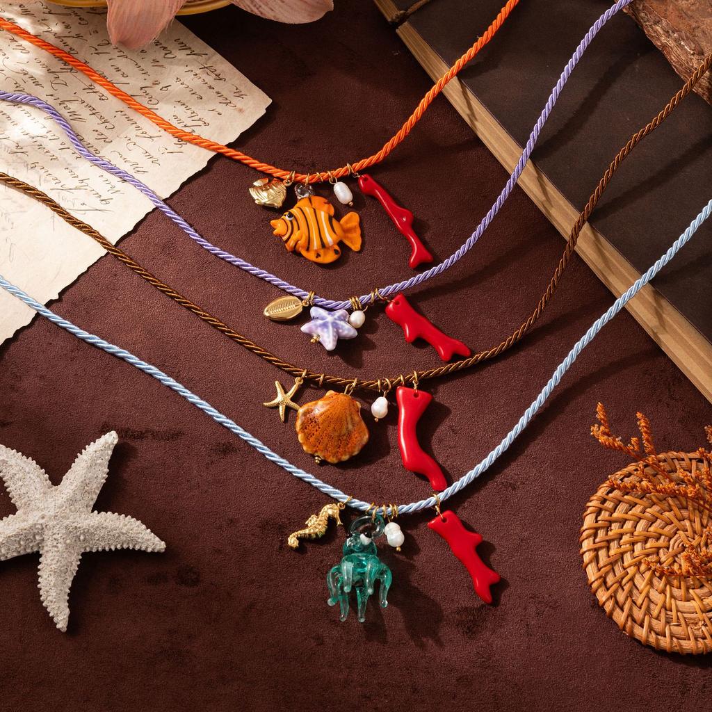 Handmade Chunky Rope Multi Color Ceramics Starfish Octopus Fish Pendant Necklace Summer Beach Shell Y2K Collar Jewelry