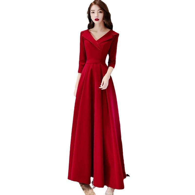 Autumn Red Wedding & Engagement Dress: Elegant Toast Dress for Brides