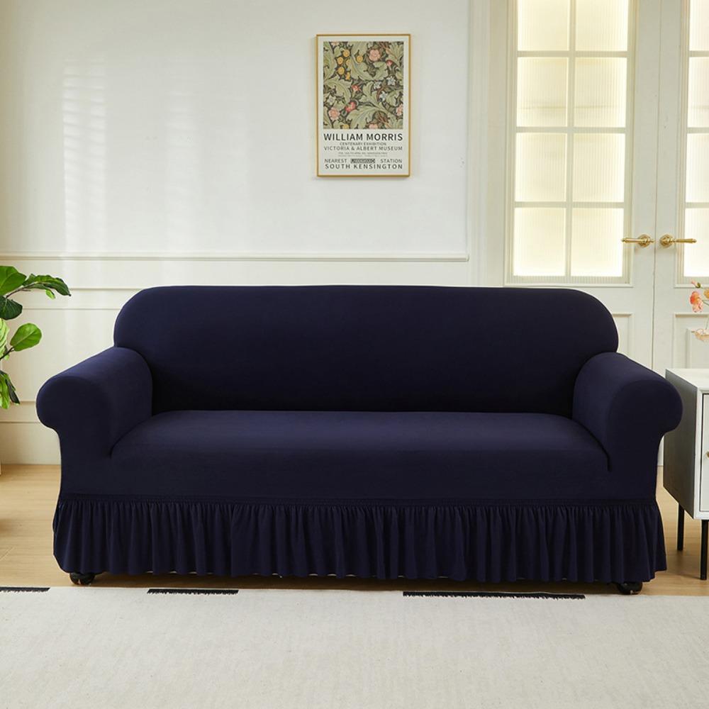 Elastic Solid Color Sofa Cover Full Protection Slip Resistant Minimalist Skirted Design