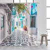 Greek Mediterranean Shower Curtain Purple Flowers Blue Door Window White Architecture Nature Landscape Bathroom Curtains Decor
