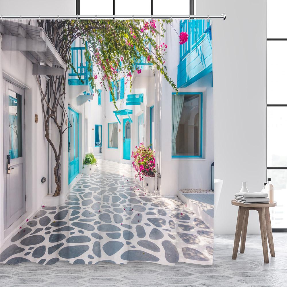 Greek Mediterranean Shower Curtain Purple Flowers Blue Door Window White Architecture Nature Landscape Bathroom Curtains Decor