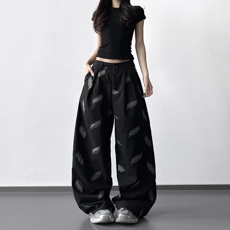 2025 Spring/Summer Retro High-Waist Printed Wide-Leg Women s Casual Pants XL