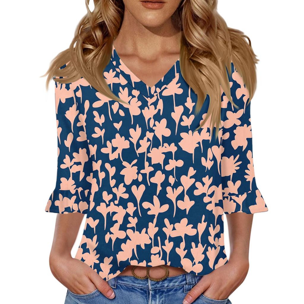 Women's Casual 3/4 Sleeve Tops V-Neck Sleeve T-Shirt Floral Print Tops