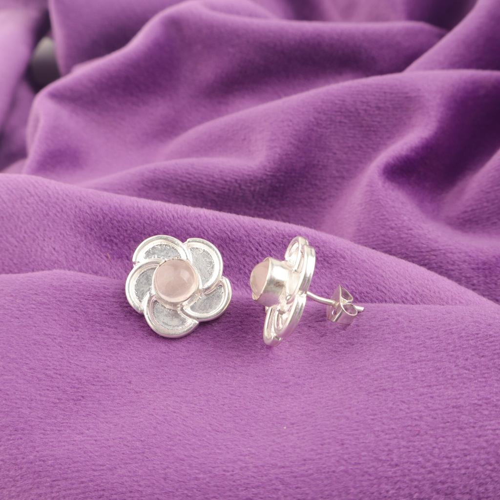 Round Natural Rose Quartz Sterling Silver Wife Gift Stud Unique Earrings Jewelry EE-157-33
