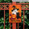 2D Flat Welcome Halloween Cute Ghost Black Cat Pumpkin Metal Sign - 8.0x12.0inch Aluminum Wall Art, Autumn Front Door Porch Decor, Pre-Drilled Holes