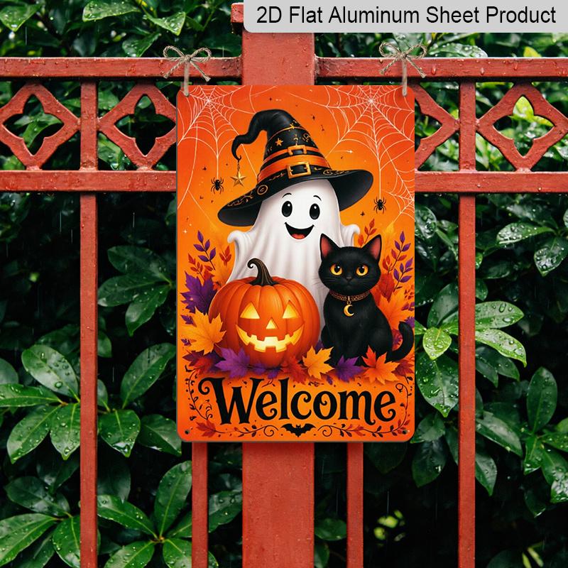 2D Flat Welcome Halloween Cute Ghost Black Cat Pumpkin Metal Sign - 8.0x12.0inch Aluminum Wall Art, Autumn Front Door Porch Decor, Pre-Drilled Holes