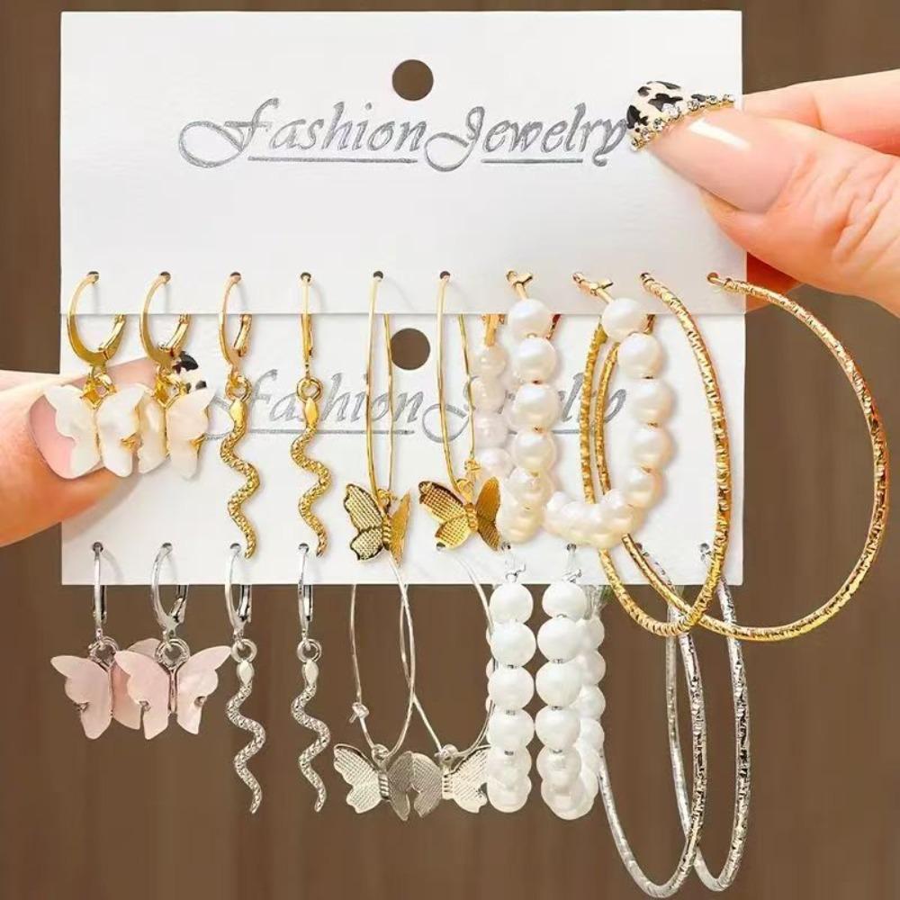 5pcs Set Creativity Snake Shape Acrylic Butterfly Pearl Dangle Earring Set for Women Fashion Hoop Earring Jewelry Accessories