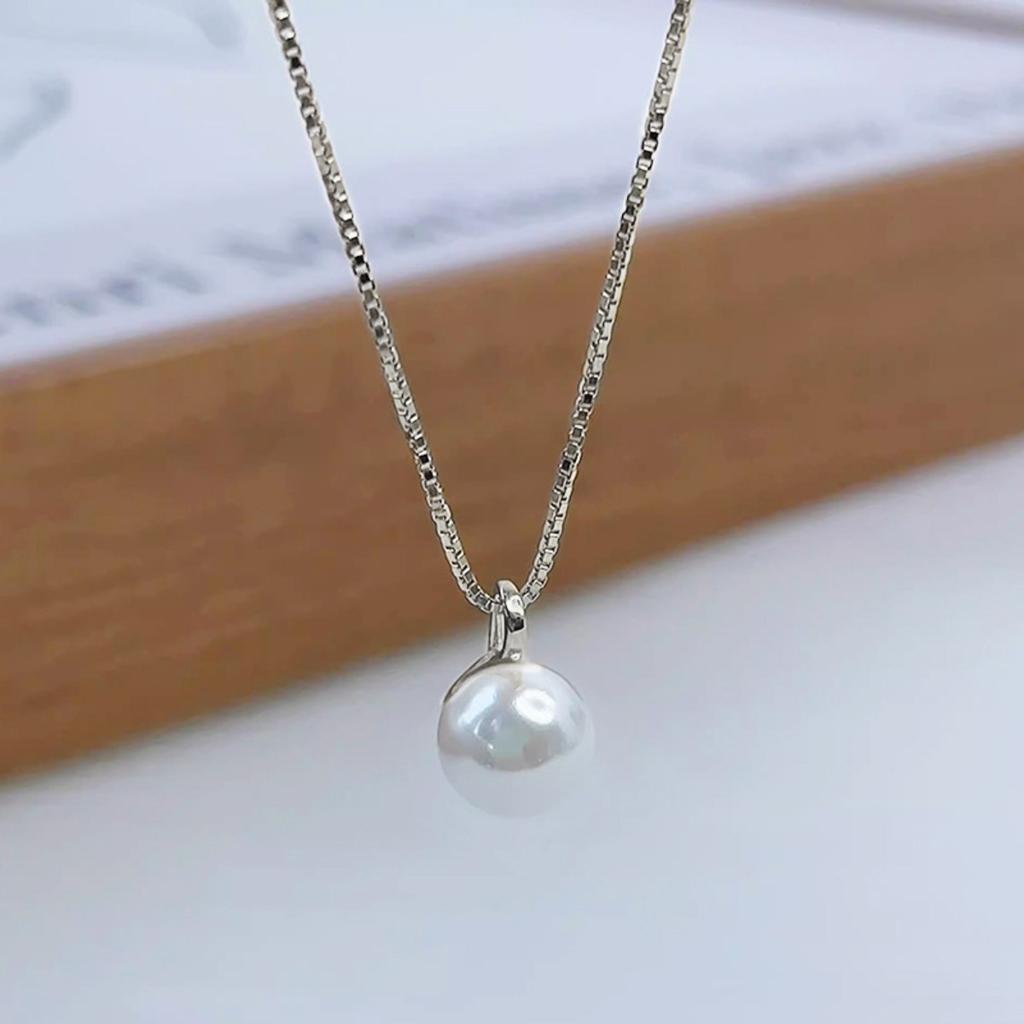 Single Round White Pearl Pendant Slim Box Chain Women Minimalist Clavicle Necklace