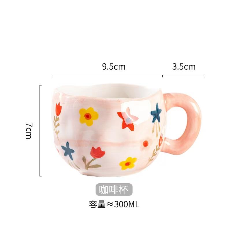 300ML Korean Style Hand Pinched Irregular Ceramic mug Hand-painted Flower Heart Coffee Cup Breakfast Milk Afternoon tea cup Gift