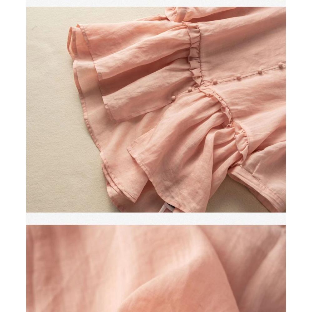 Japanese Cotton Linen Short-sleeved Shirt for Women Loose and Slim Temperament V-neck Doll Shirt Top