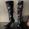 Fashion Fashion Pointed Toe Thin High Heels Boots Women Sexy Shiny Pleated Mid Calf Boots Woman Burgundy Black Pu Leather Botas Female