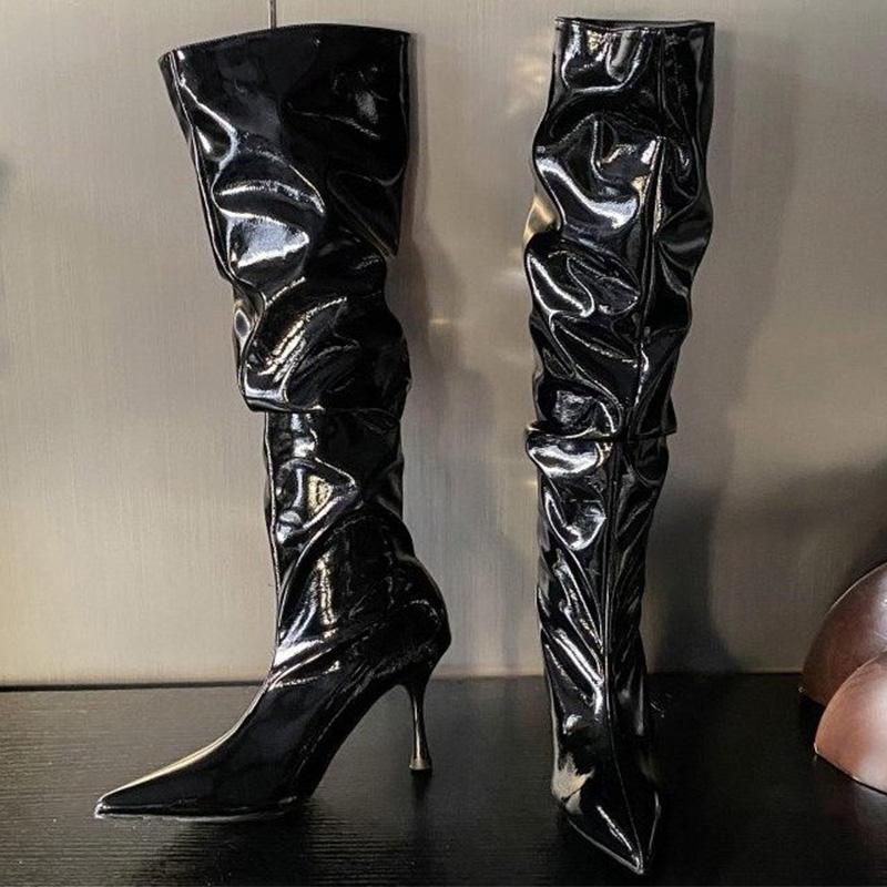 Fashion Fashion Pointed Toe Thin High Heels Boots Women Sexy Shiny Pleated Mid Calf Boots Woman Burgundy Black Pu Leather Botas Female