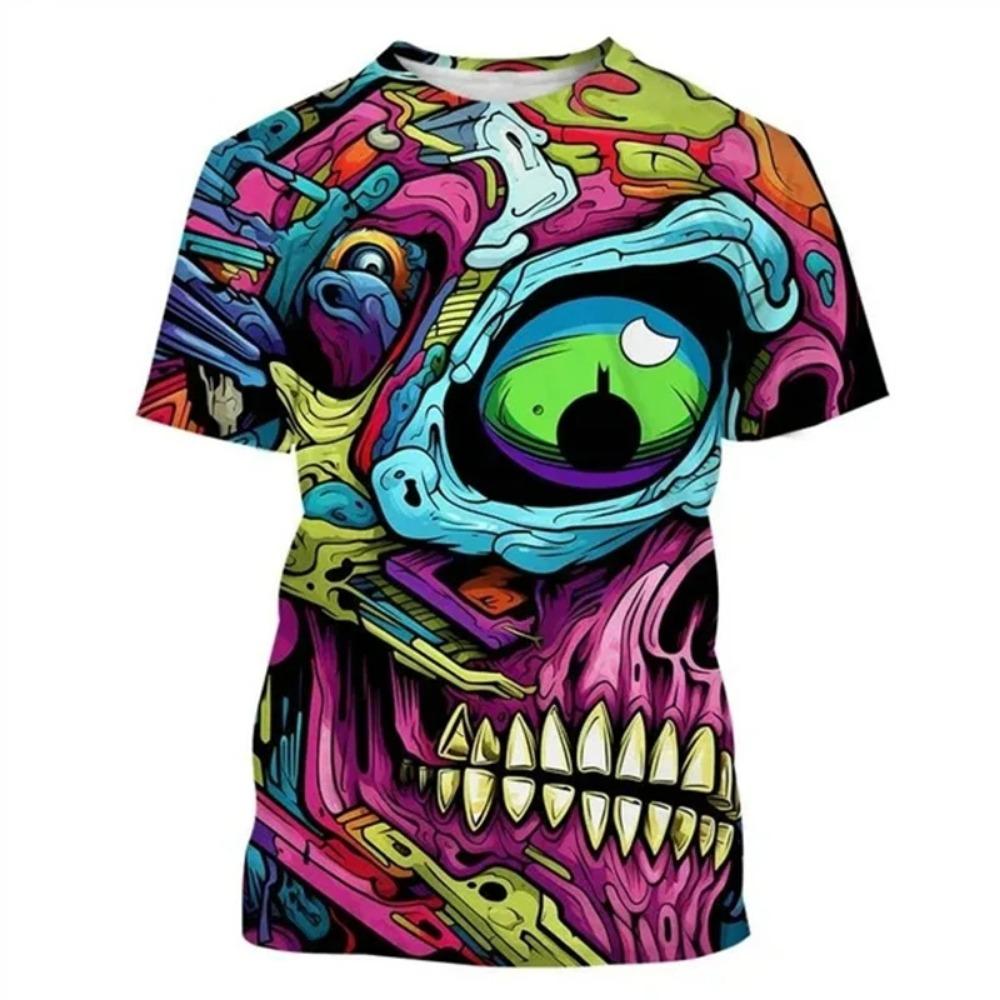 Fashion Colorful Street Graffiti Hip-hop Skull 3D Printing T-shirt Men and Women's Casual T-shirt Short-sleeved Tops Outdoor Street Clothing