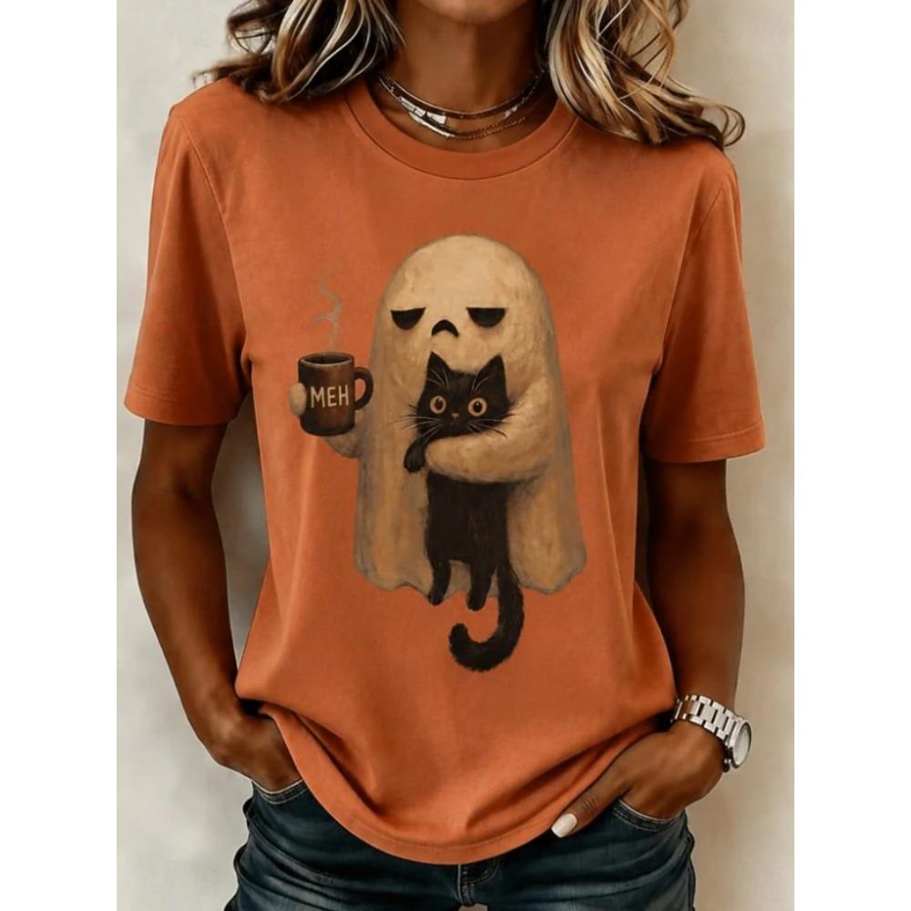Fashion Women Retro Creative Ghost Print T Shirt Funny Casual O-neck Short Sleeves T-shirt Summer Female Tee Shirt Halloween Limited Edition