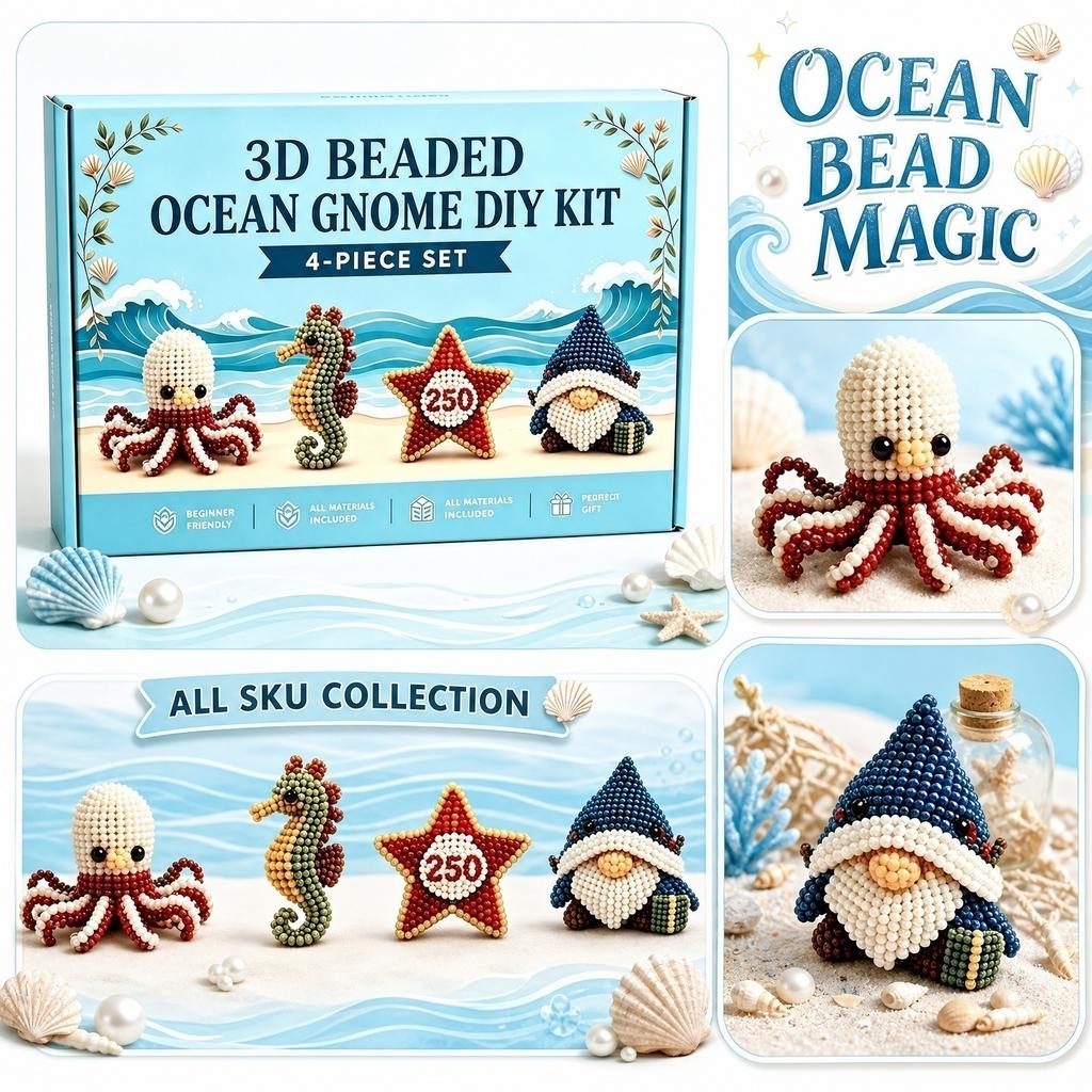 3D Beaded Ocean Gnome DIY Kit 4 Piece Set Includes Octopus Seahorse Starfish and Gnome Figures for Crafting and Decoration
