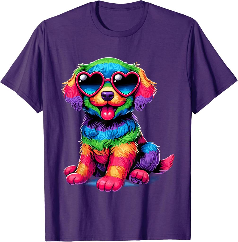 Rainbow Furry Dog With Heart Sunglasses Graphic Print Cotton T-Shirt Casual Trip Wear