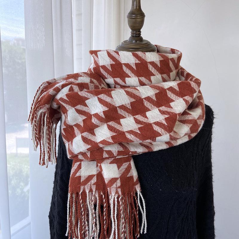 Women's Medium-Length Houndstooth Scarf - Warm, Sweet Style, Imitation Cashmere, Tassel Snood, Thick Shawl