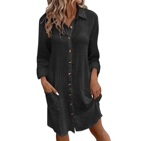 Women Dress Turn-down Collar Loose Long Sleeves Single-breasted Solid Color Shirt Type OL Commuting